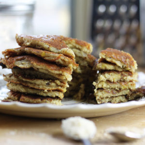 stacked cut pancake on plate